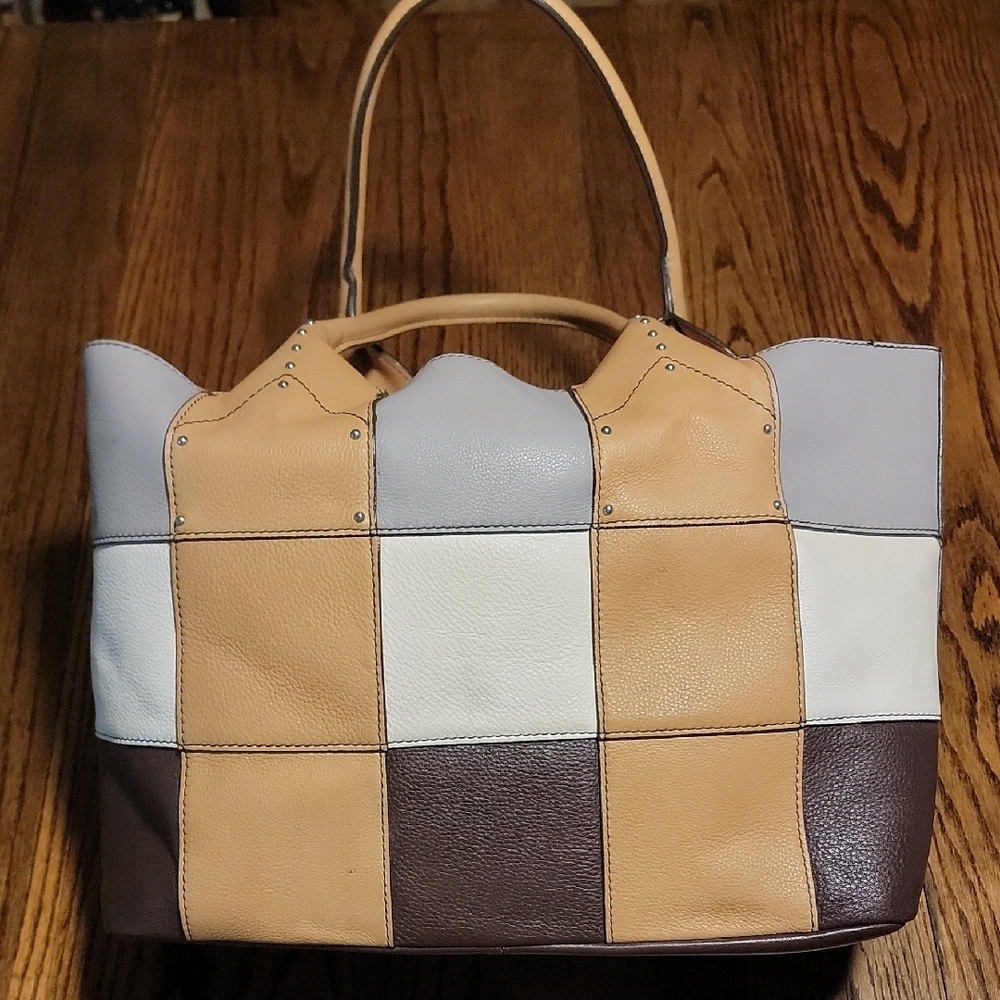 Stylish Patchwork Tote Bag - Tan, Brown, Gray, and White